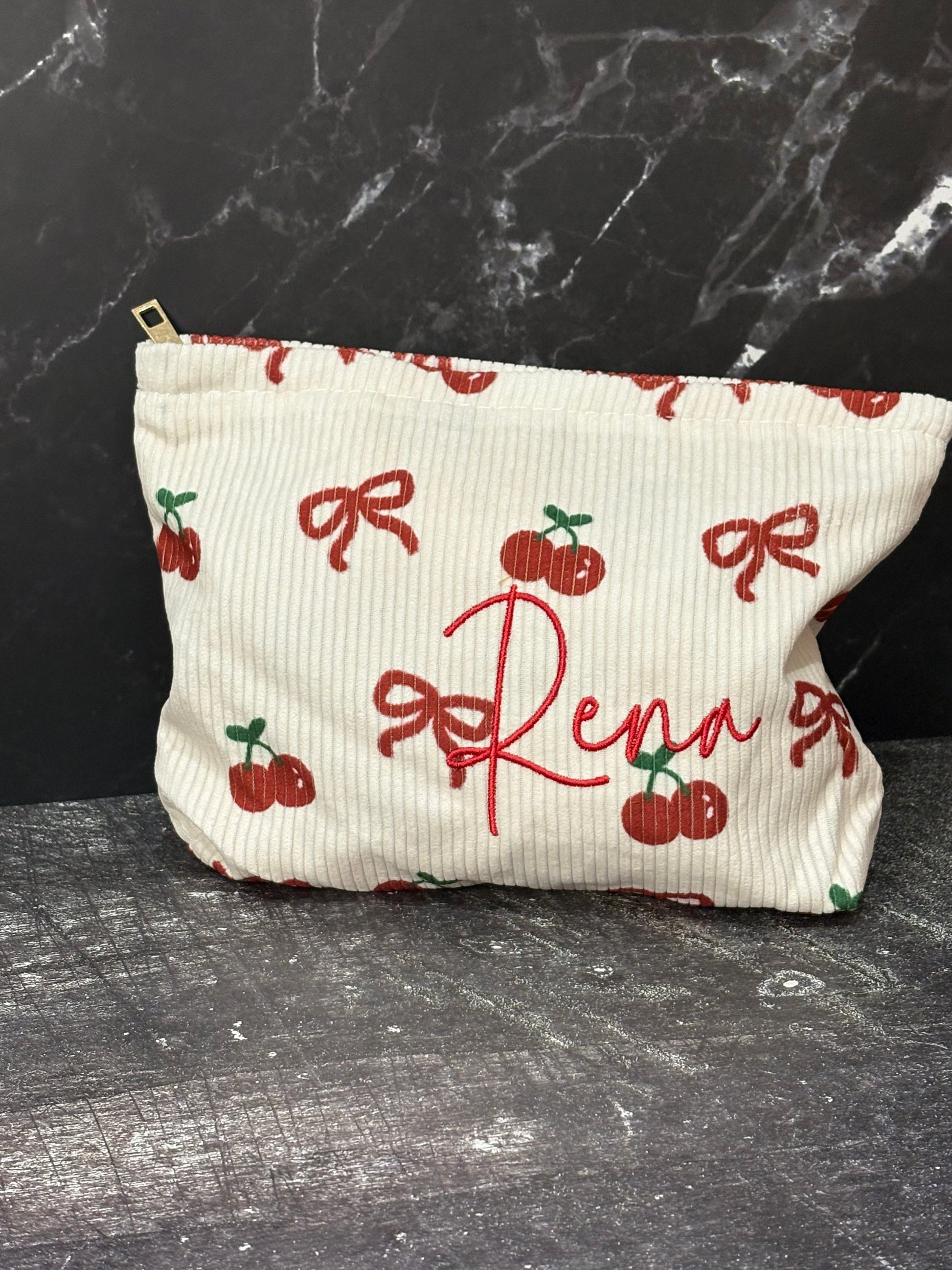 Corduroy Cherry Embroidered Make Up Bag