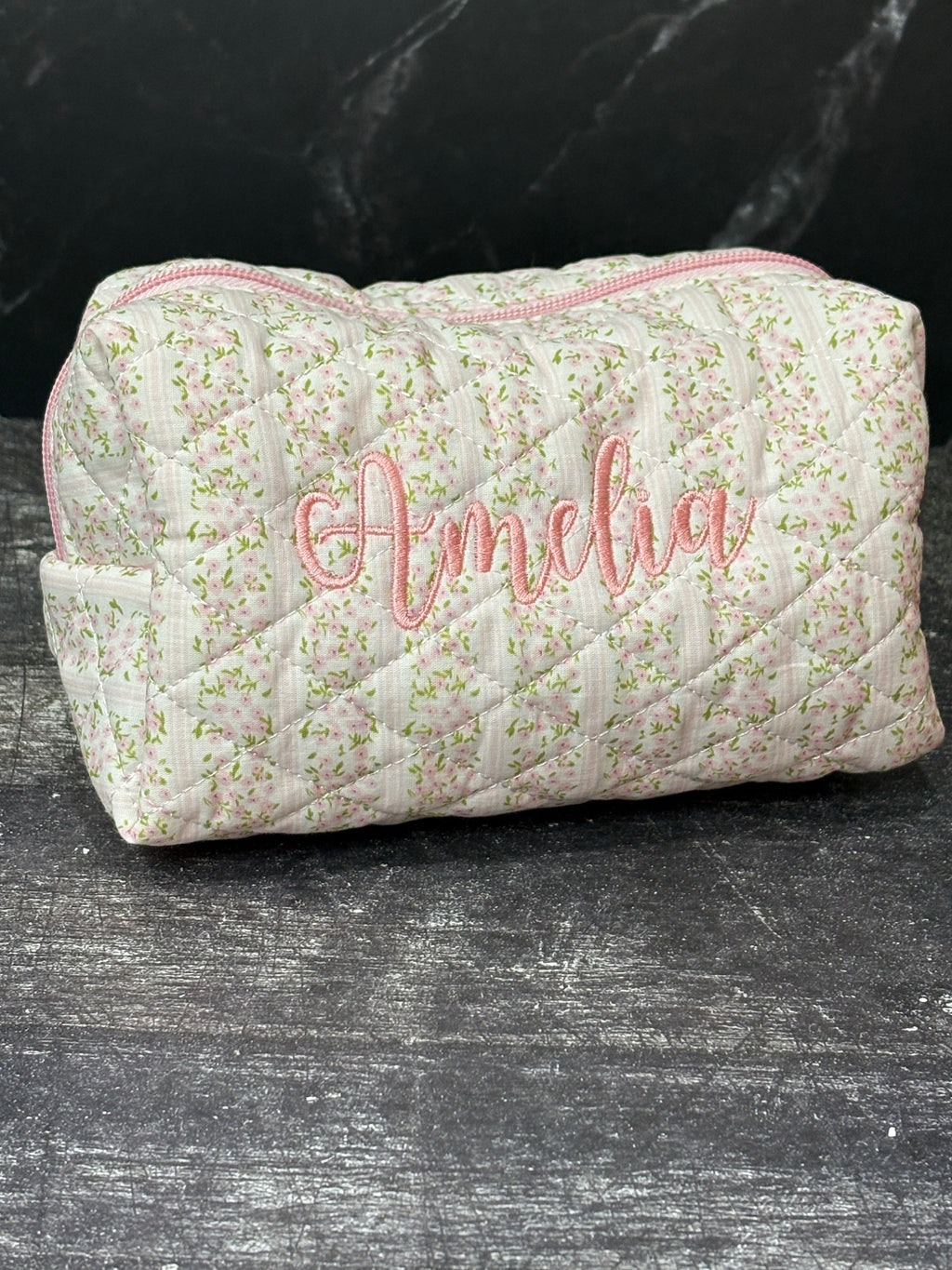 Custom Embroidered Makeup Bag - Pink Floral Striped