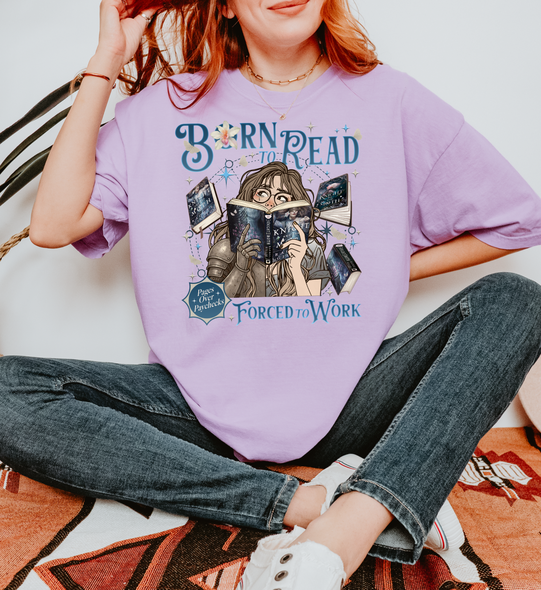 Born to Read Forced to Work - The Knight & The Moth - Comfort Colors Bookish Tshirt
