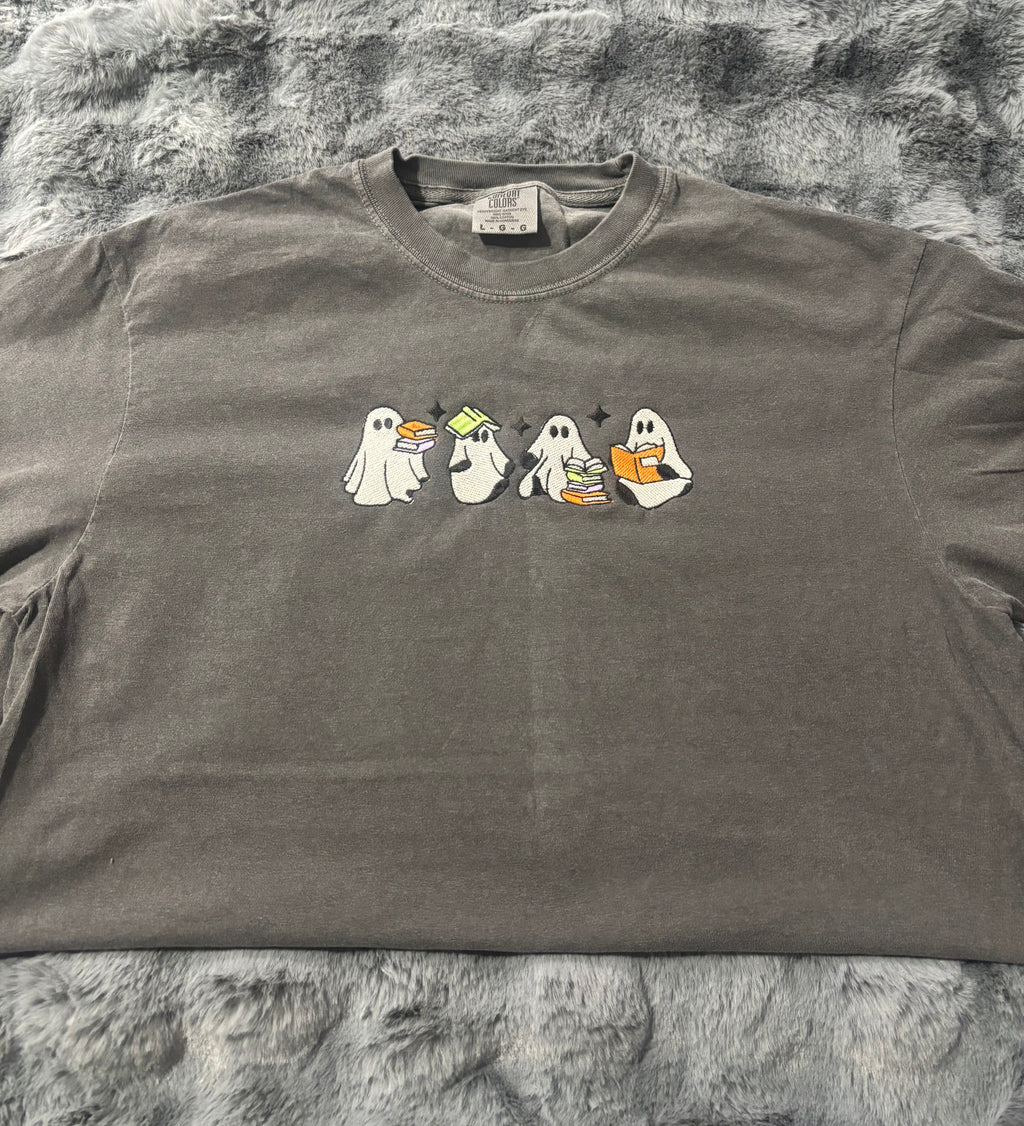 Ghosts Reading Embroidered Comfort Colors Tshirt (Glow in the dark thread)