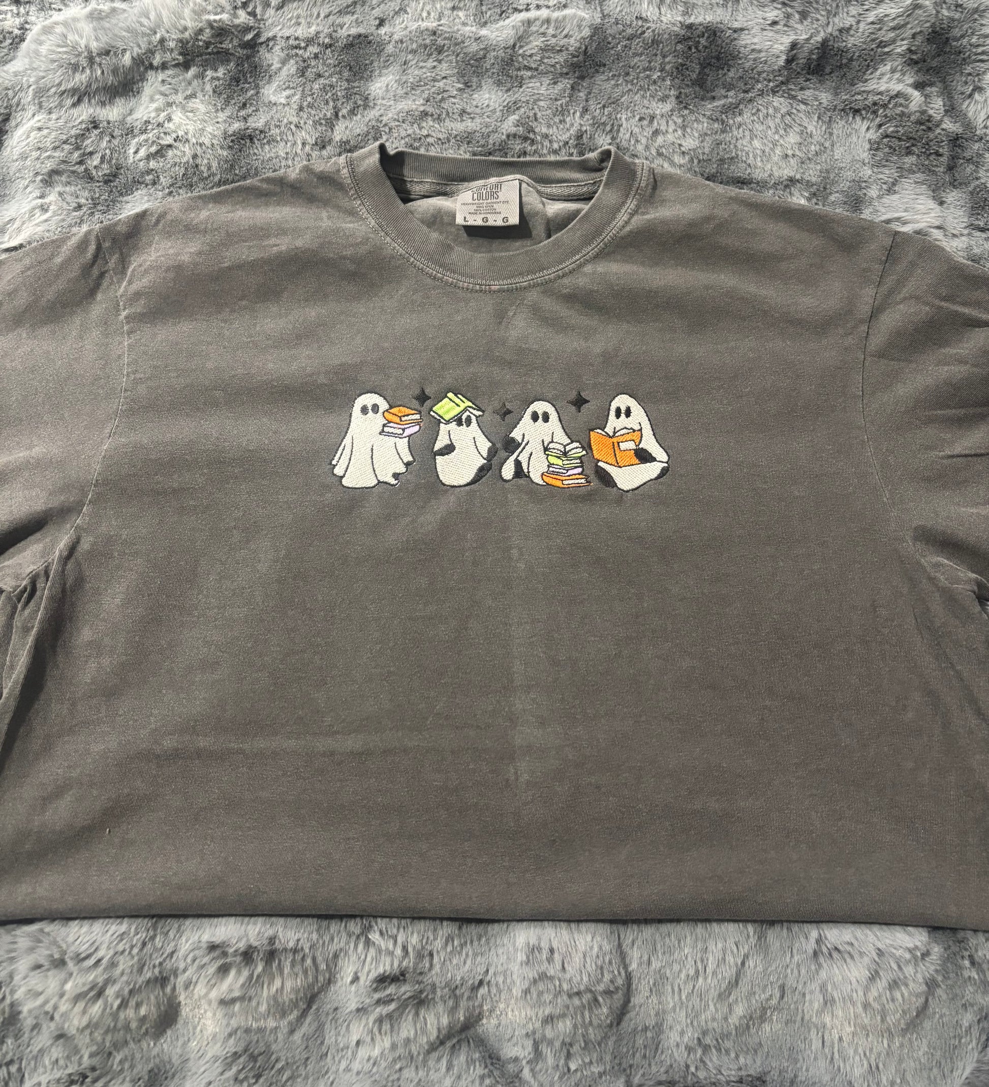 Ghosts Reading Embroidered Comfort Colors Tshirt (Glow in the dark thread)