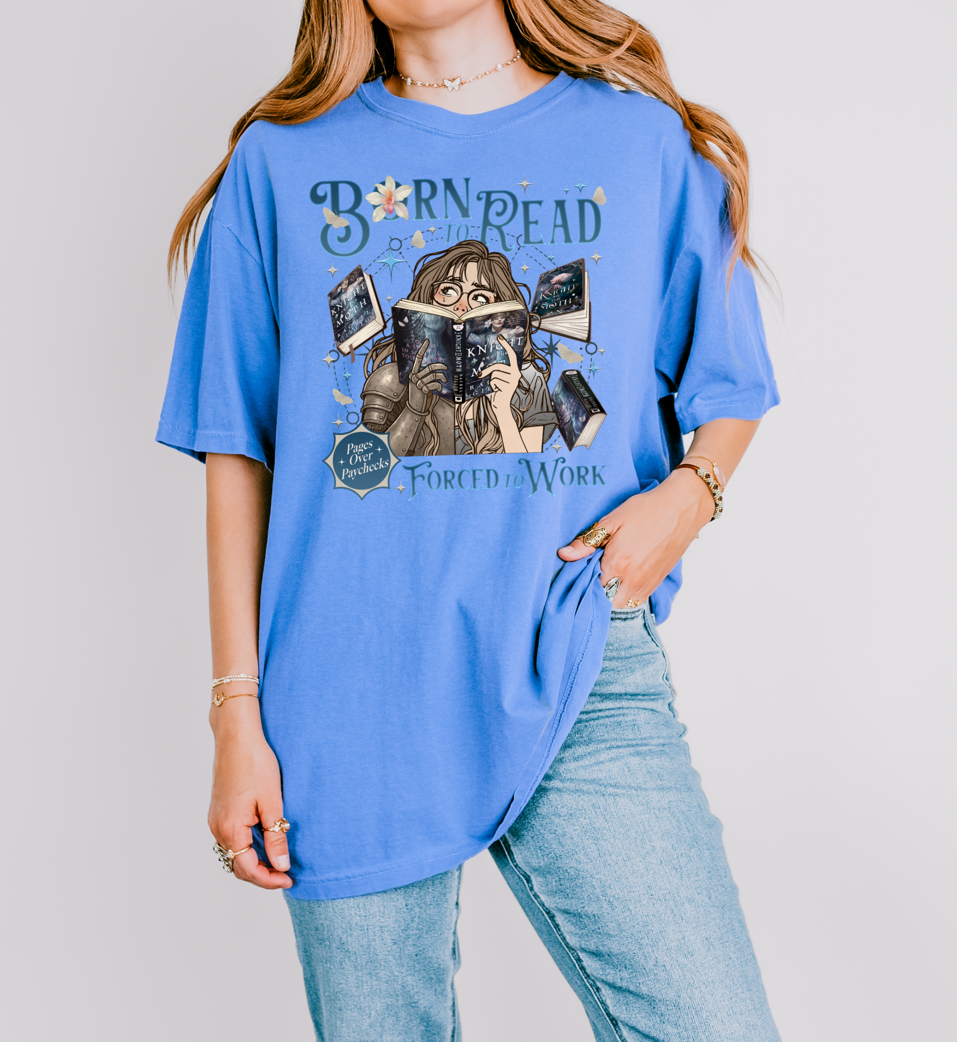 Born to Read Forced to Work - The Knight & The Moth - Comfort Colors Bookish Tshirt