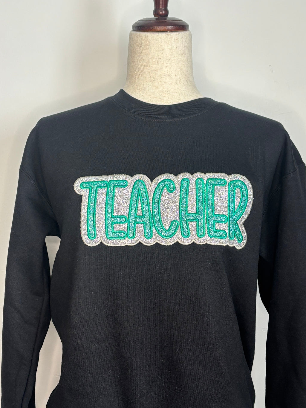 Embroidered Two Color “Teacher” Crew Neck Sweatshirt