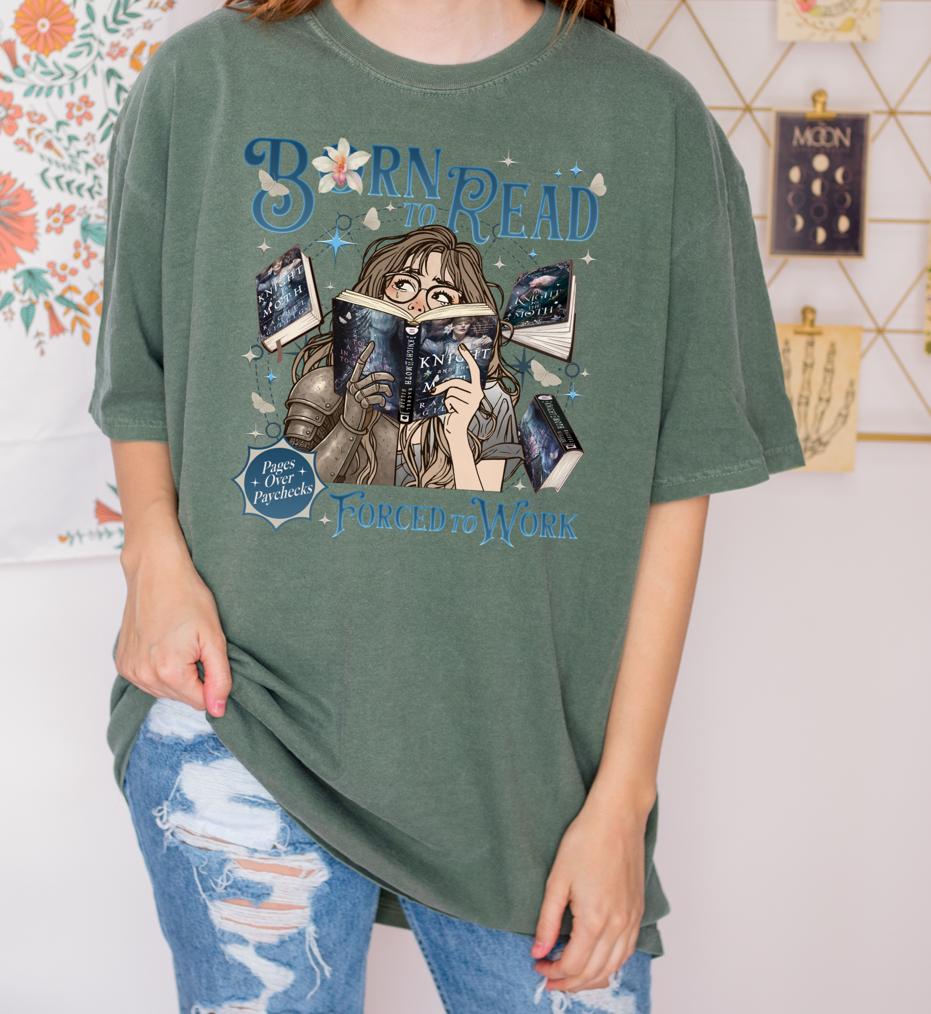Born to Read Forced to Work - The Knight & The Moth - Comfort Colors Bookish Tshirt