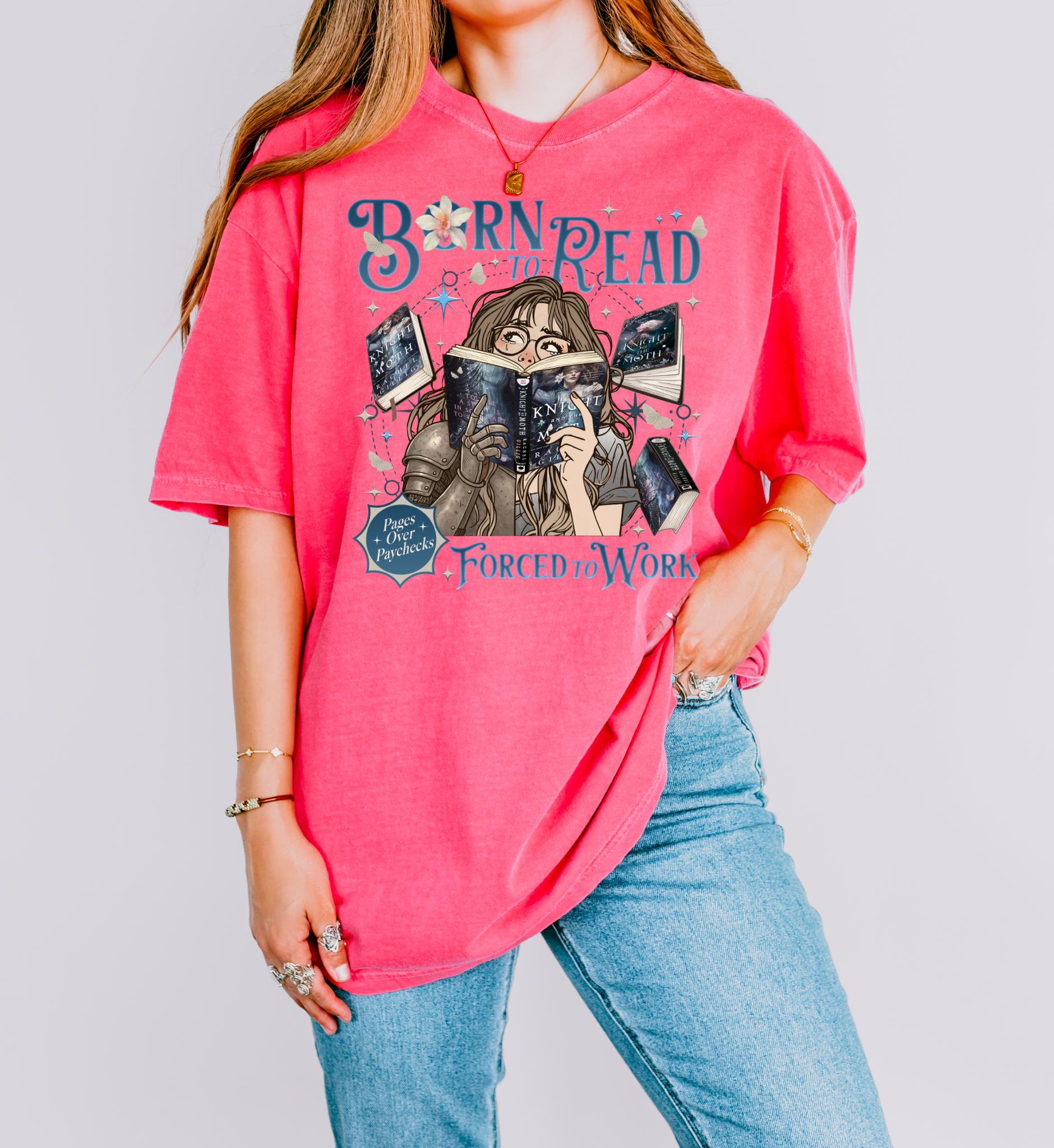 Born to Read Forced to Work - The Knight & The Moth - Comfort Colors Bookish Tshirt