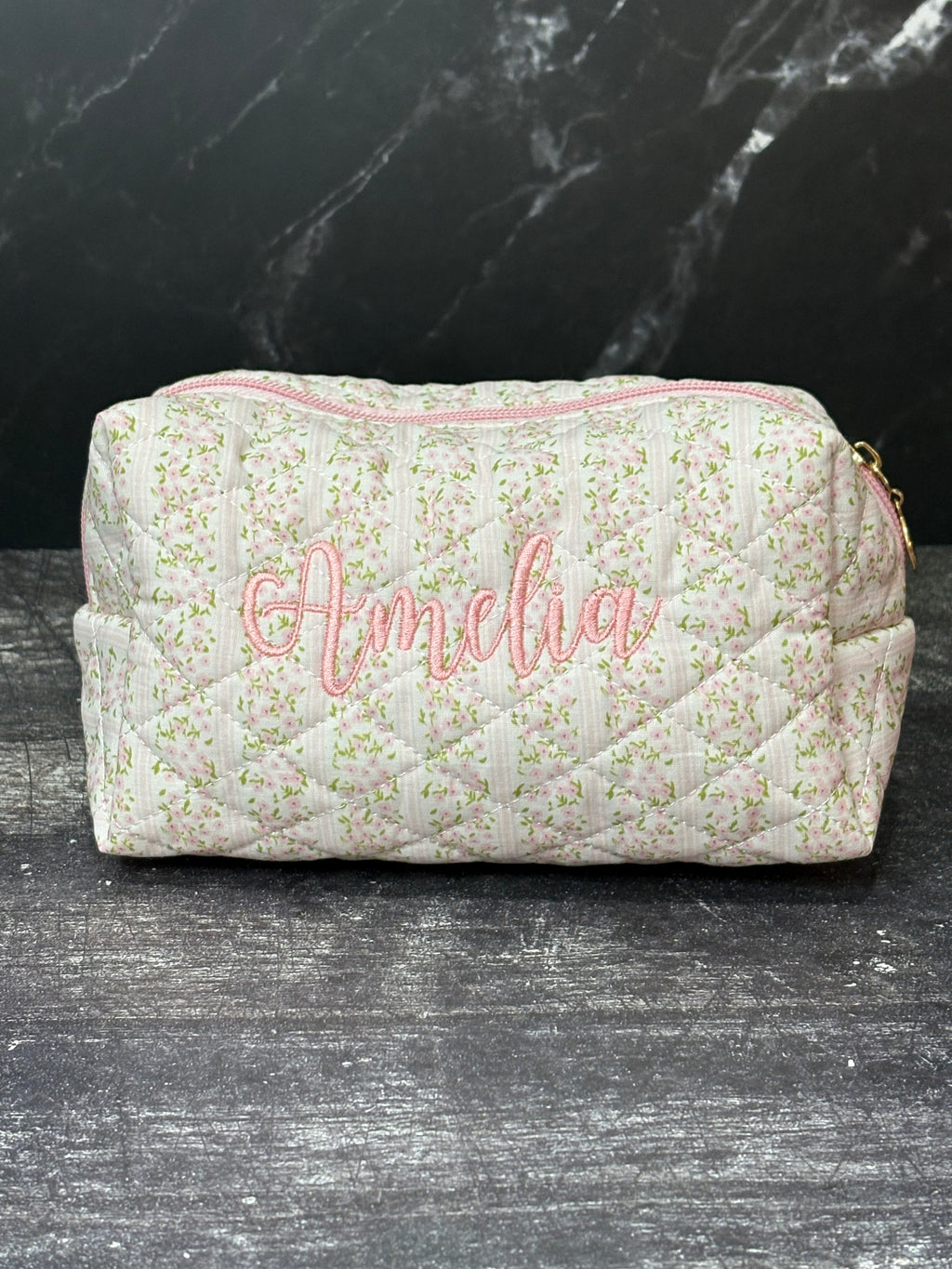 Custom Embroidered Makeup Bag - Pink Floral Striped