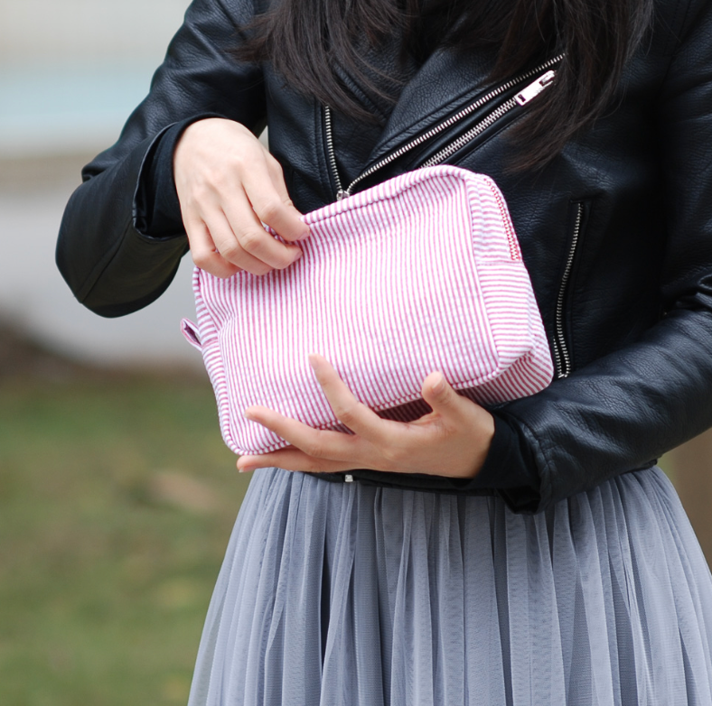 Custom Embroidered Pink Stripe Makeup/Toiletry Bag