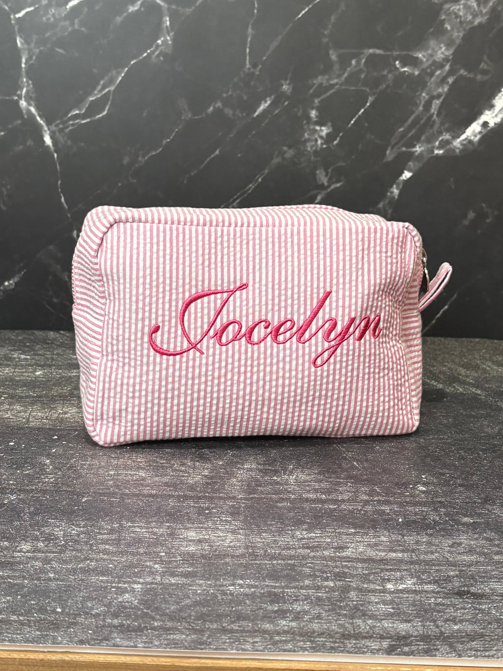 Custom Embroidered Pink Stripe Makeup/Toiletry Bag