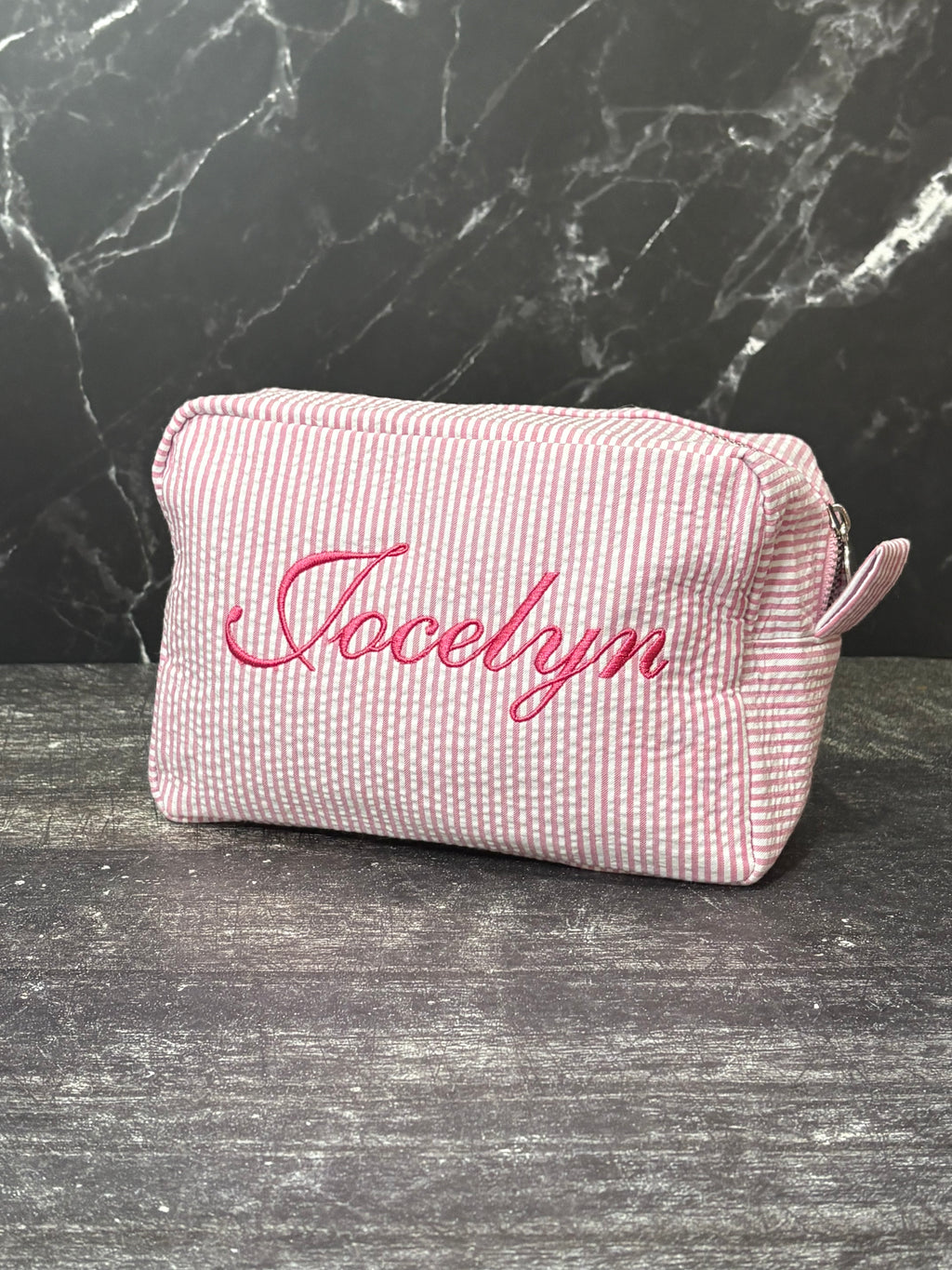 Custom Embroidered Pink Stripe Makeup/Toiletry Bag