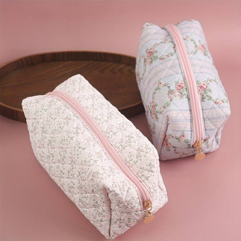 Custom Embroidered Makeup Bag - Pink Floral Striped