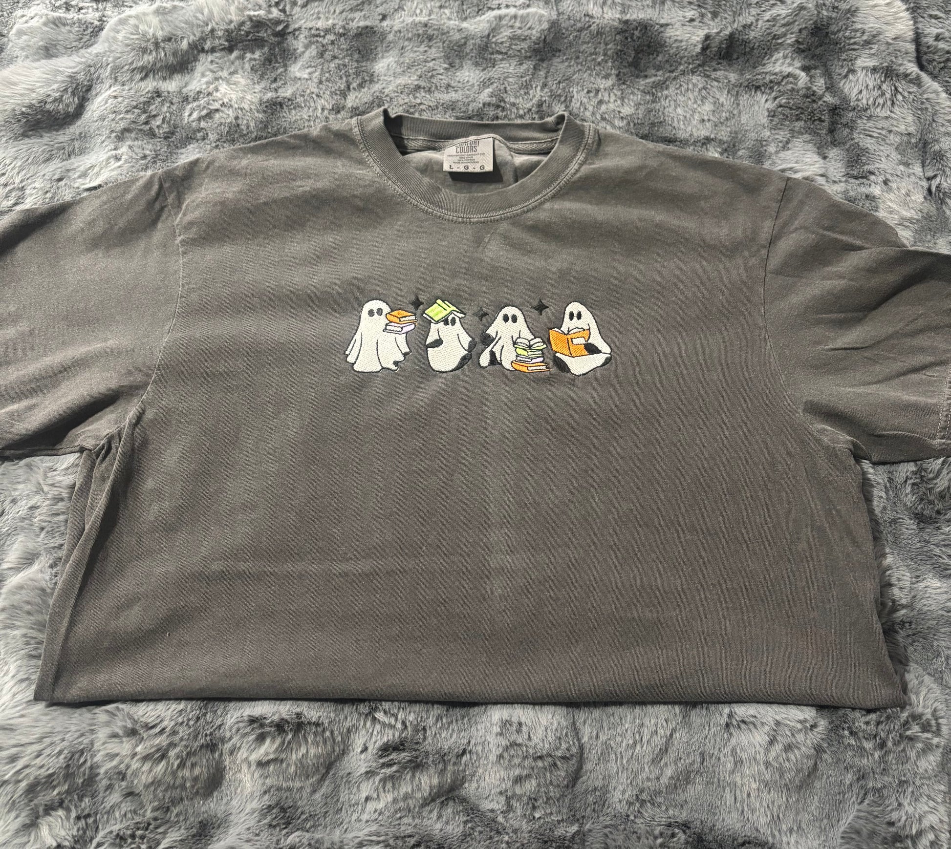 Ghosts Reading Embroidered Comfort Colors Tshirt (Glow in the dark thread)