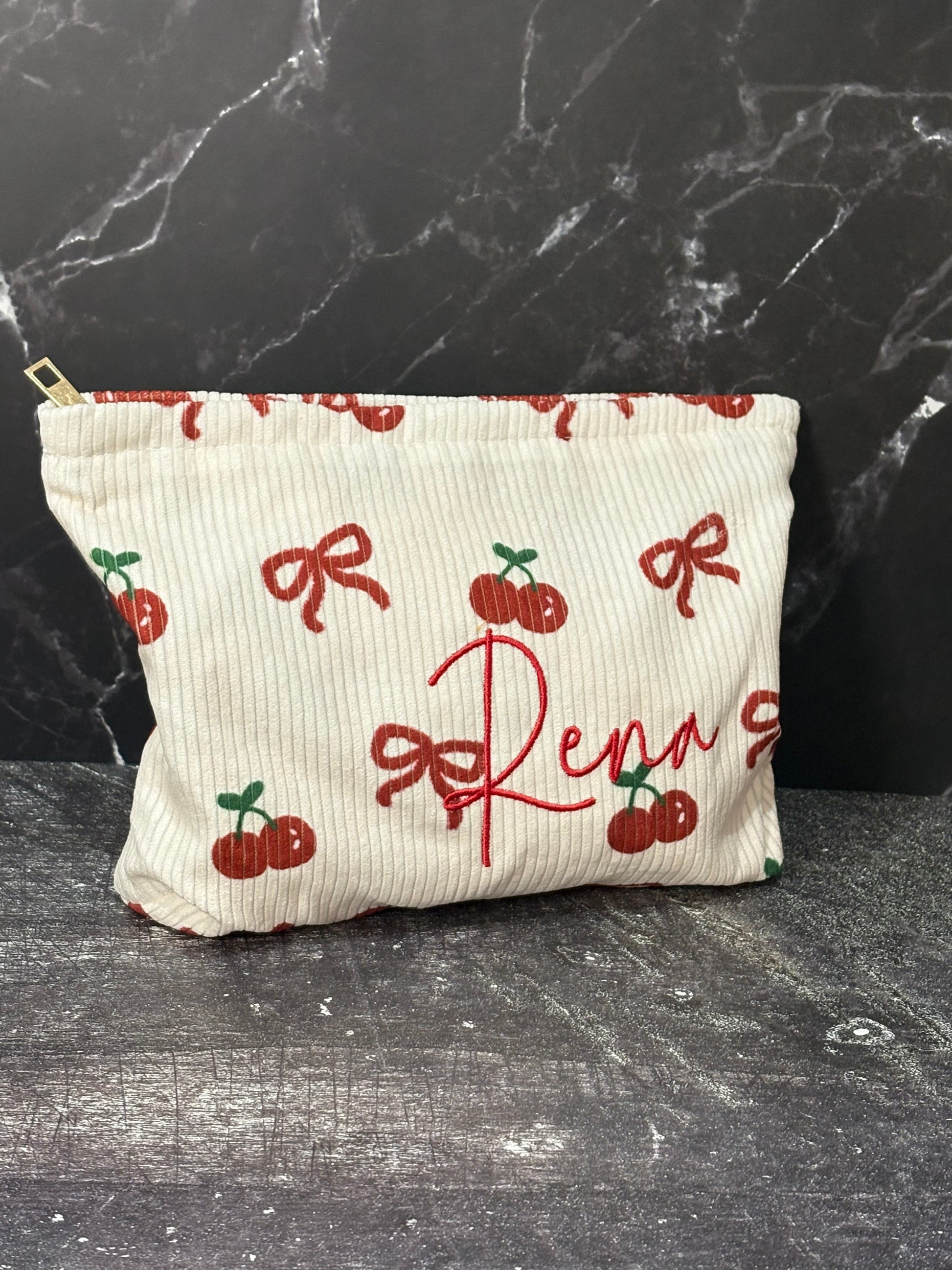 Corduroy Cherry Embroidered Make Up Bag