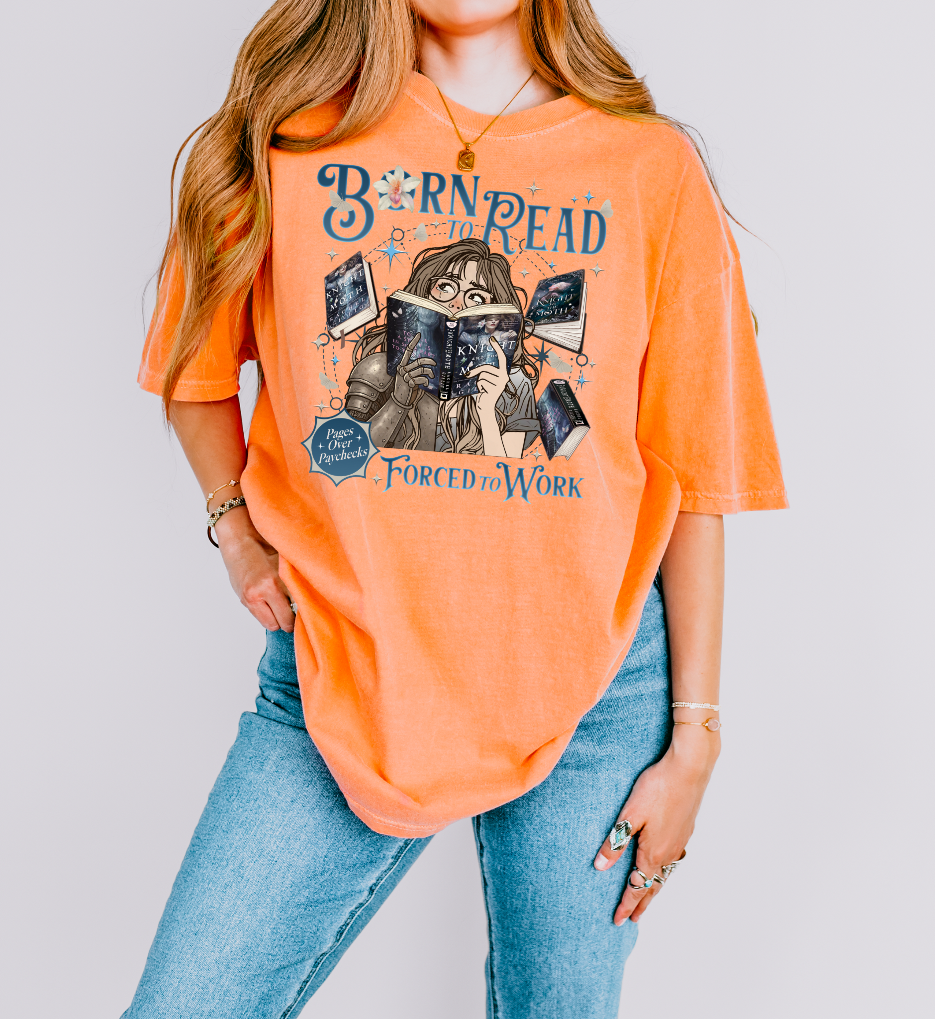 Born to Read Forced to Work - The Knight & The Moth - Comfort Colors Bookish Tshirt