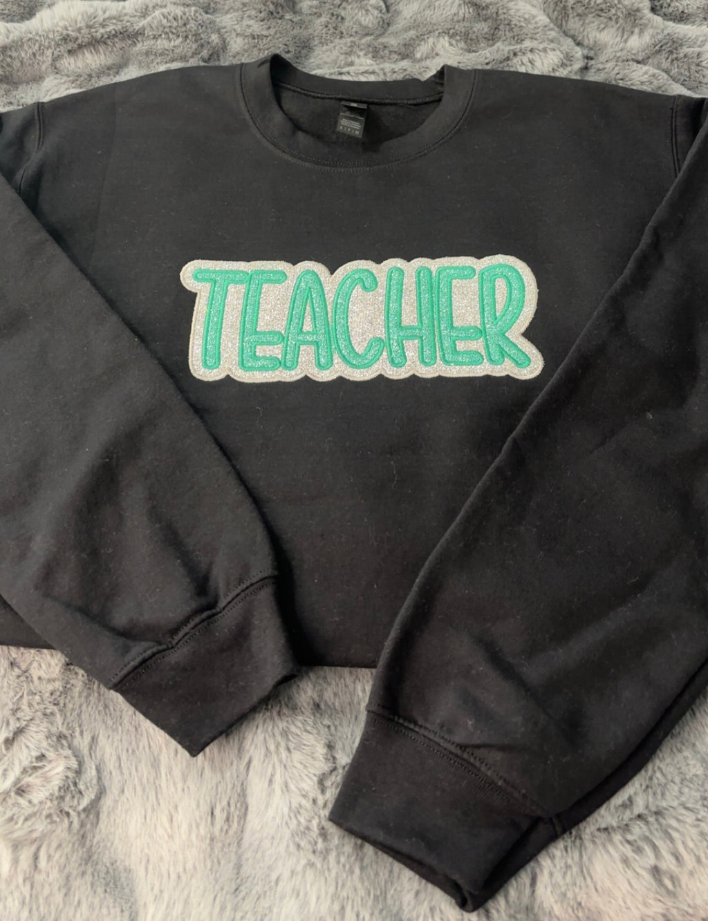 Embroidered Two Color “Teacher” Crew Neck Sweatshirt