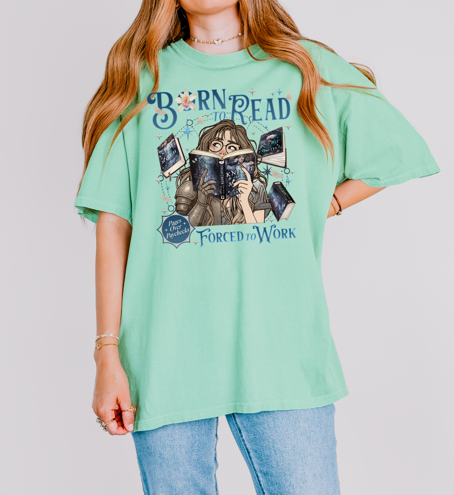 Born to Read Forced to Work - The Knight & The Moth - Comfort Colors Bookish Tshirt