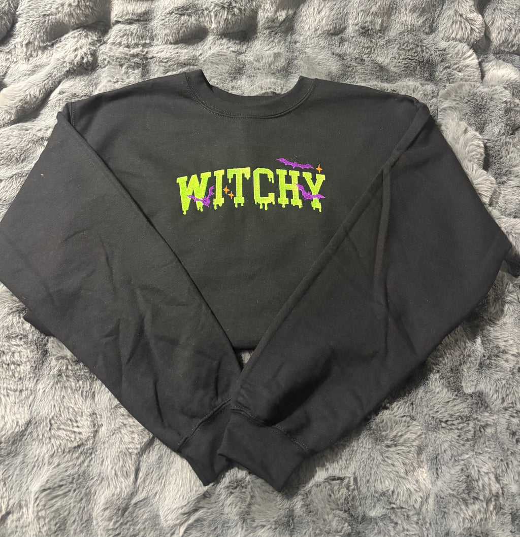 Embroidered “Witchy” Halloween Crew Neck Sweatshirt