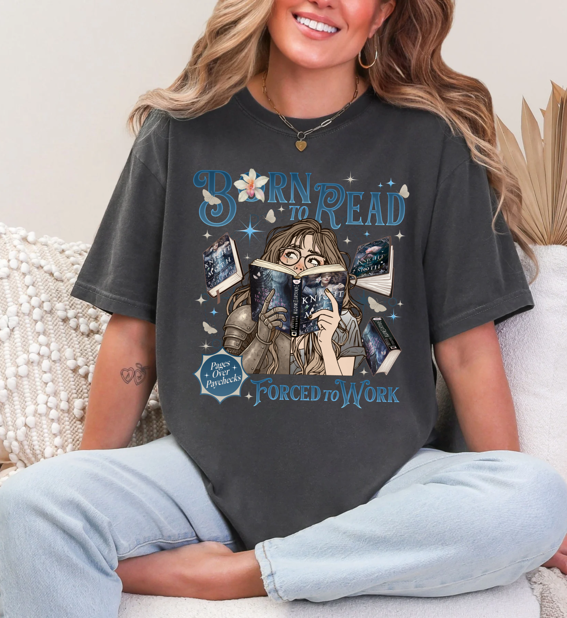Born to Read Forced to Work - The Knight & The Moth - Comfort Colors Bookish Tshirt