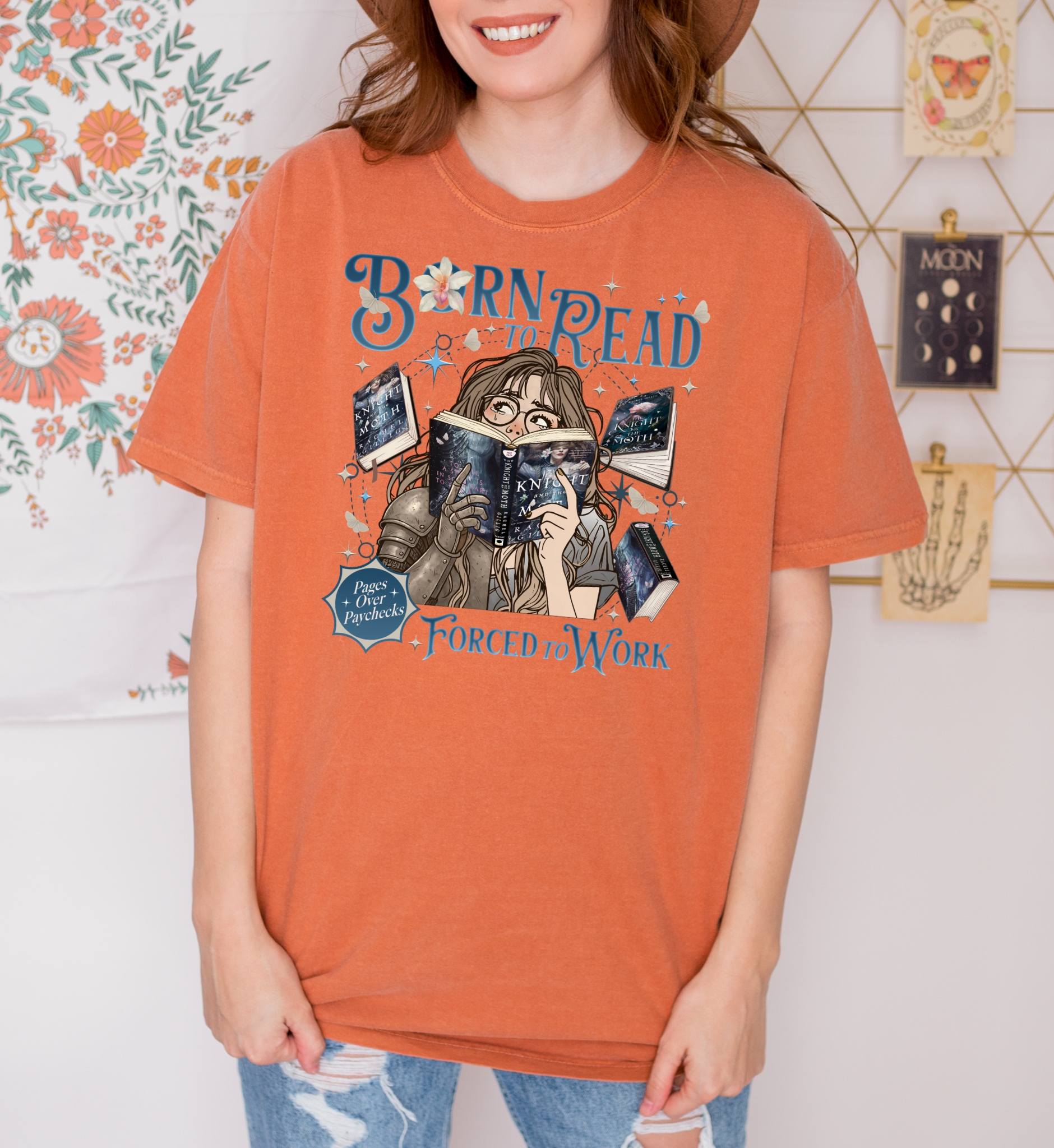 Born to Read Forced to Work - The Knight & The Moth - Comfort Colors Bookish Tshirt