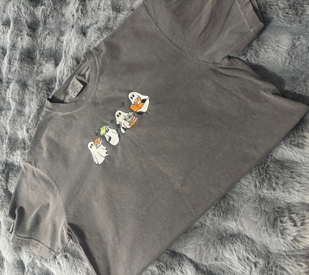 Ghosts Reading Embroidered Comfort Colors Tshirt (Glow in the dark thread)