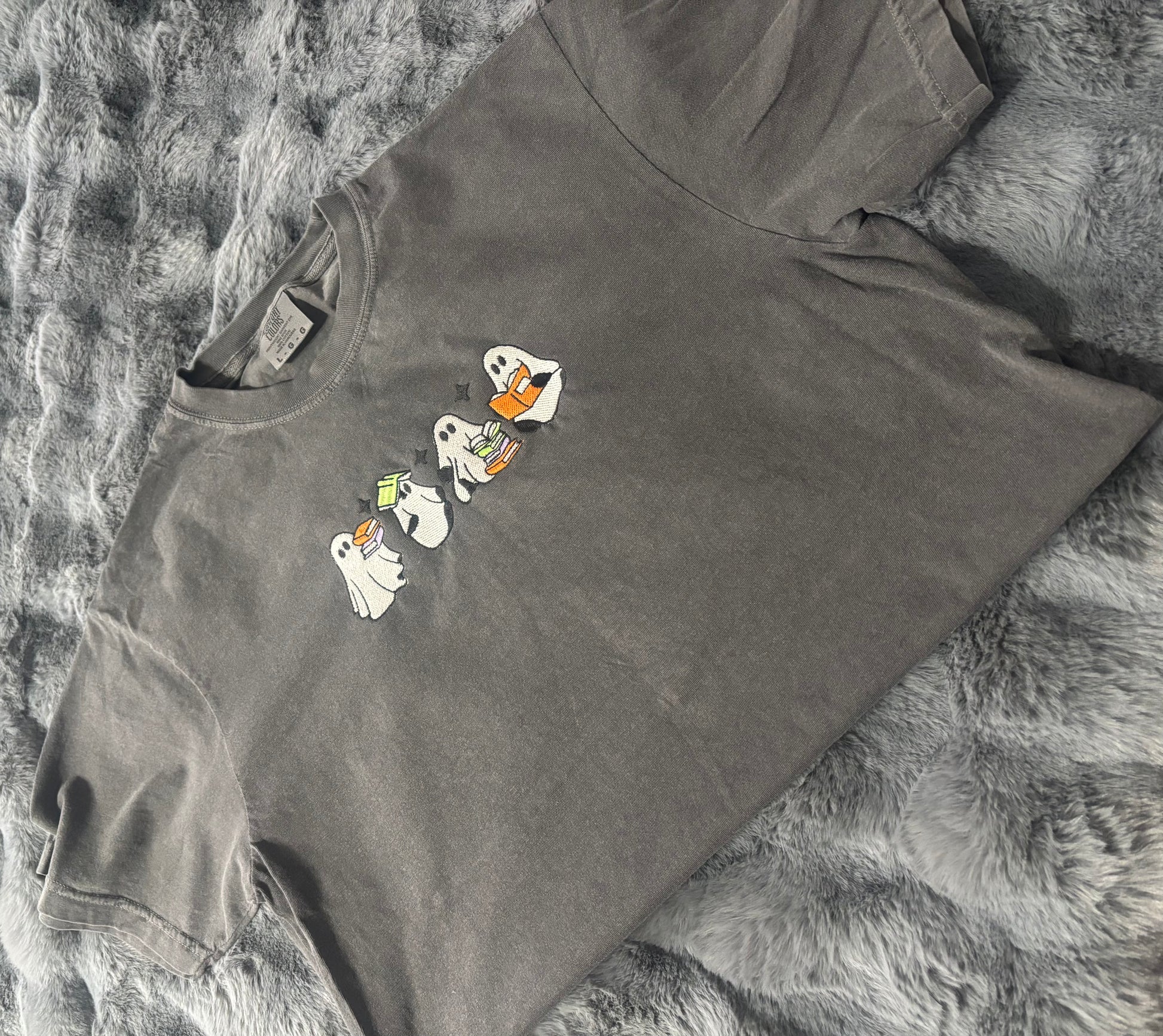 Ghosts Reading Embroidered Comfort Colors Tshirt (Glow in the dark thread)