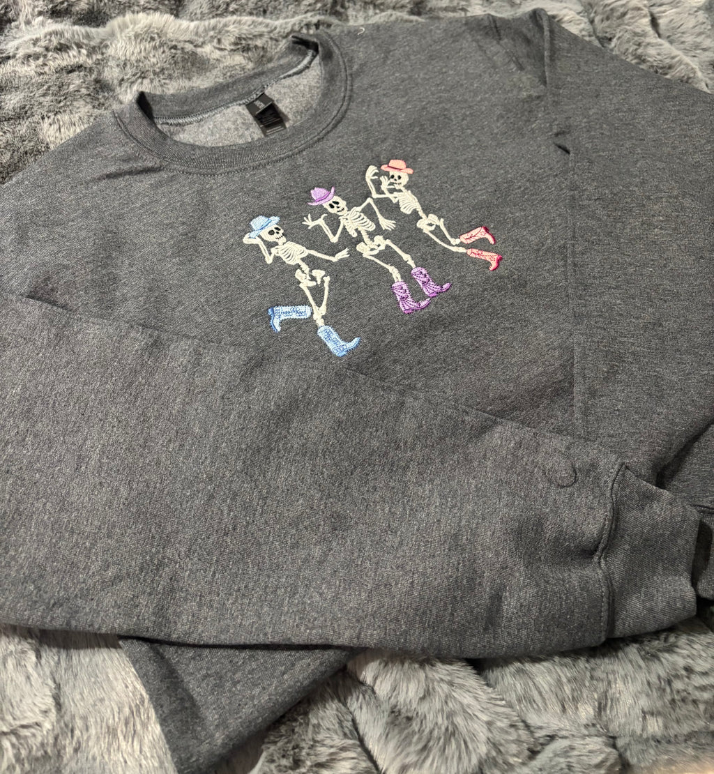Embroidered Cowboy Skeleton Halloween Crew Neck - Glow in the dark!