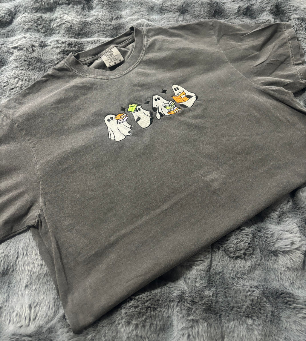 Ghosts Reading Embroidered Comfort Colors Tshirt (Glow in the dark thread)