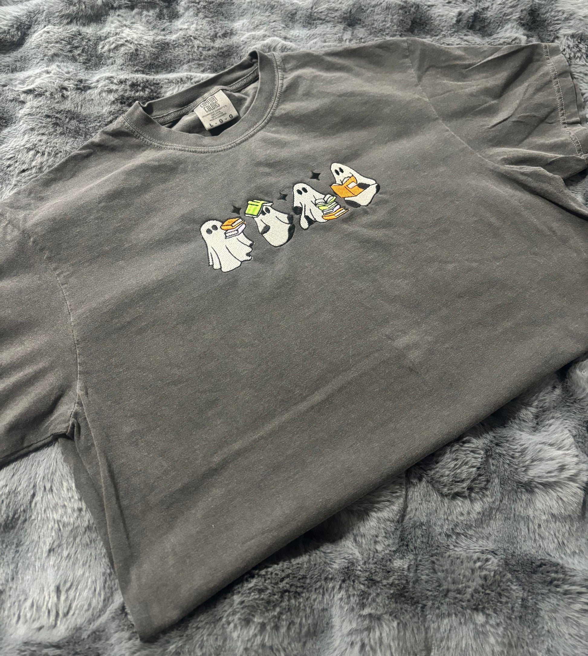 Ghosts Reading Embroidered Comfort Colors Tshirt (Glow in the dark thread)