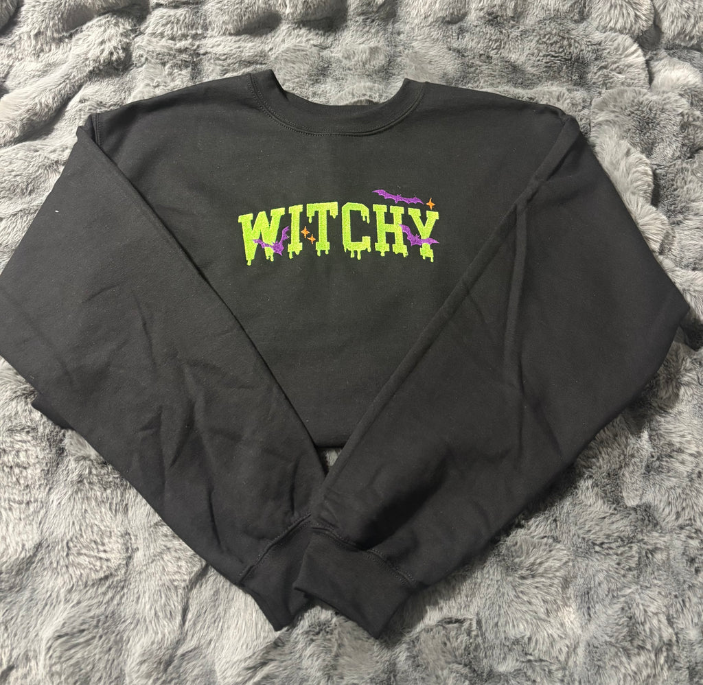 Embroidered “Witchy” Halloween Crew Neck Sweatshirt