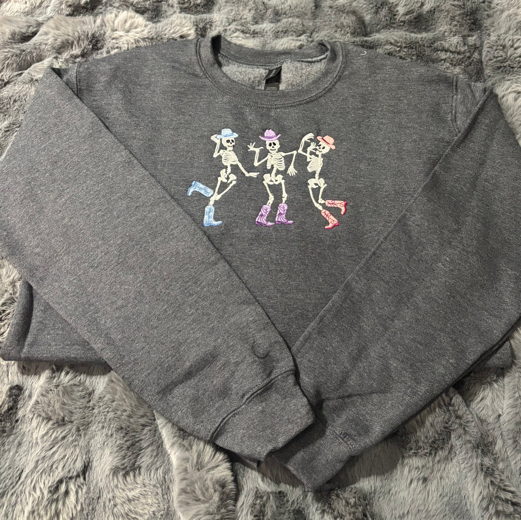 Embroidered Cowboy Skeleton Halloween Crew Neck - Glow in the dark!