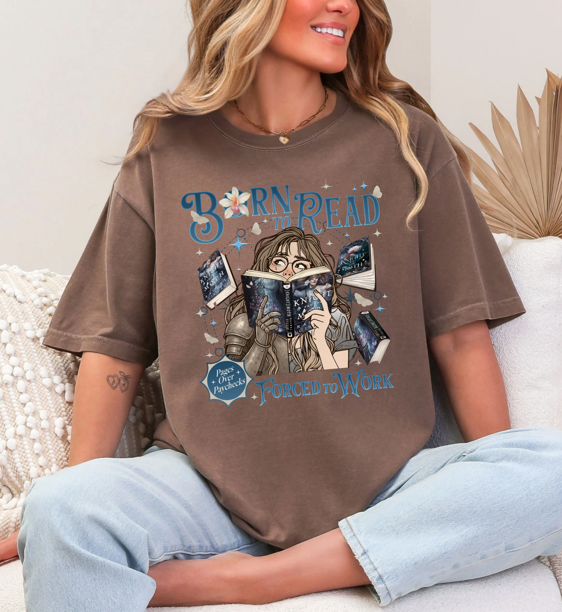 Born to Read Forced to Work - The Knight & The Moth - Comfort Colors Bookish Tshirt