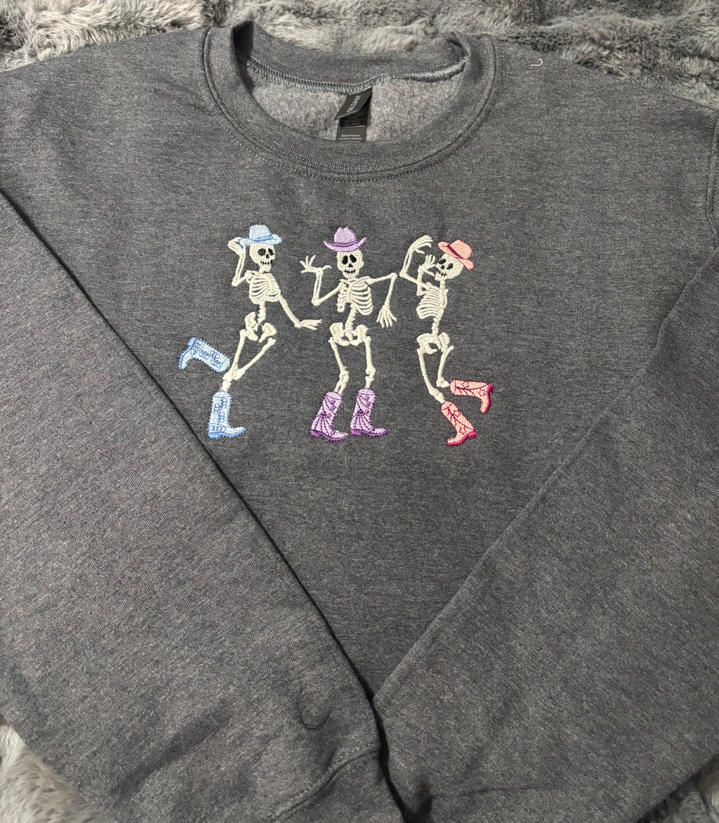Embroidered Cowboy Skeleton Halloween Crew Neck - Glow in the dark!