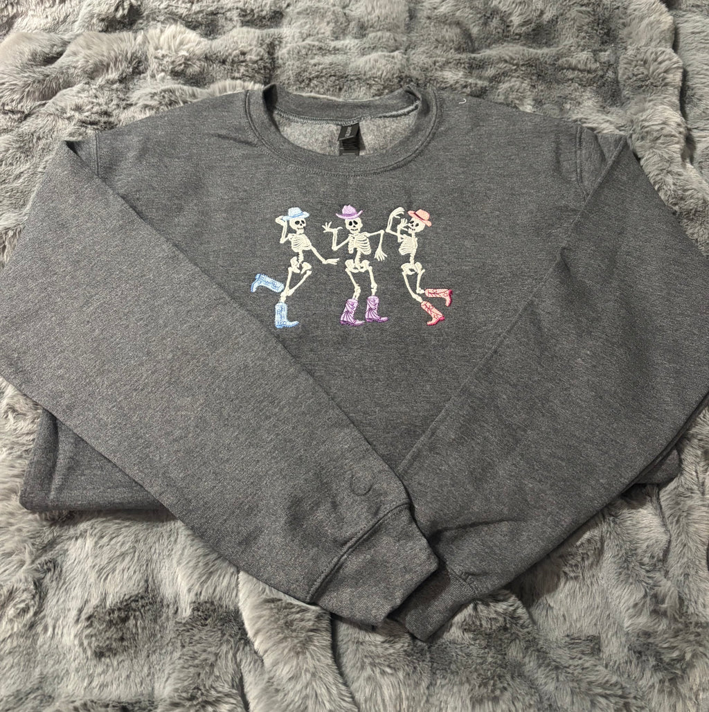 Embroidered Cowboy Skeleton Halloween Crew Neck - Glow in the dark!
