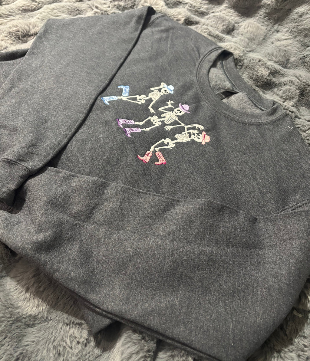 Embroidered Cowboy Skeleton Halloween Crew Neck - Glow in the dark!